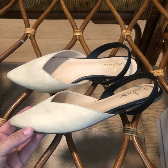 Lulus Shoes - Lulus Slingback Flats 10 Cream Black Pointed Toe Faux Suede Elastic Strap (1881)